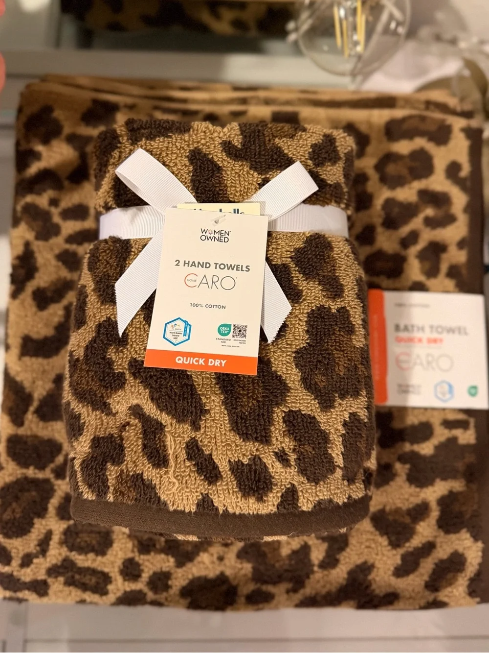 6pc Caro Gold Leopard Print Bath Hand Towel Set Luxury Soft thick Cotton NEW